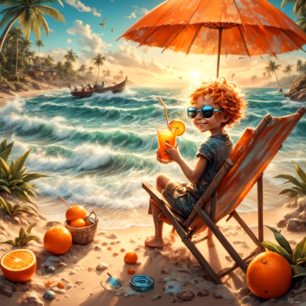 Boy On Orange Beach Drinking Orange Juice