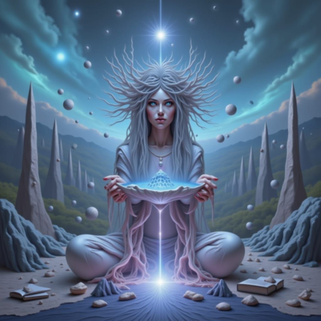 Surrealistic portrait of The Mother Goddess of All Creation being driven mad within grief over its creations and torn to tatters by nihilist...