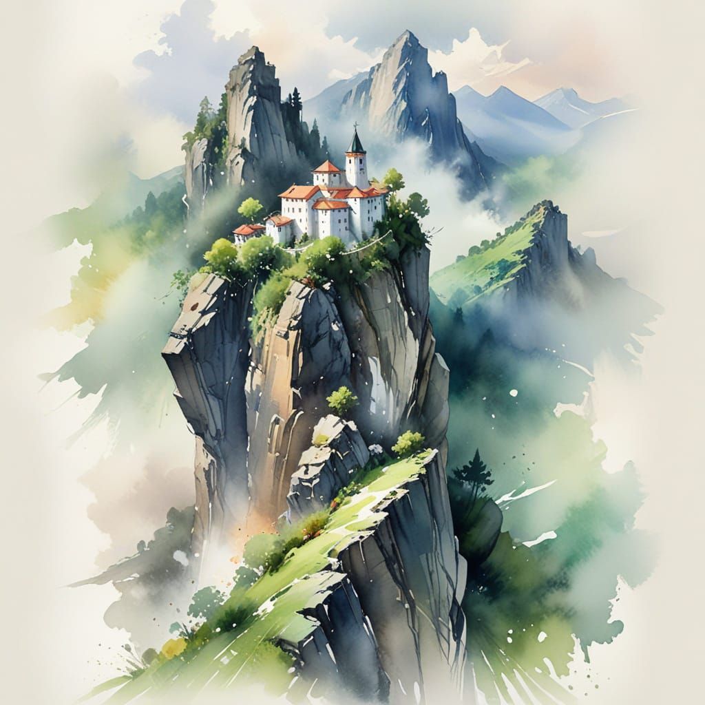 Misty Mountain Monastery Watercolor Illustration