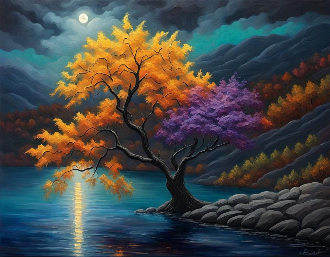 An impasto painting of a tree on the shore, with yellow, ora...
