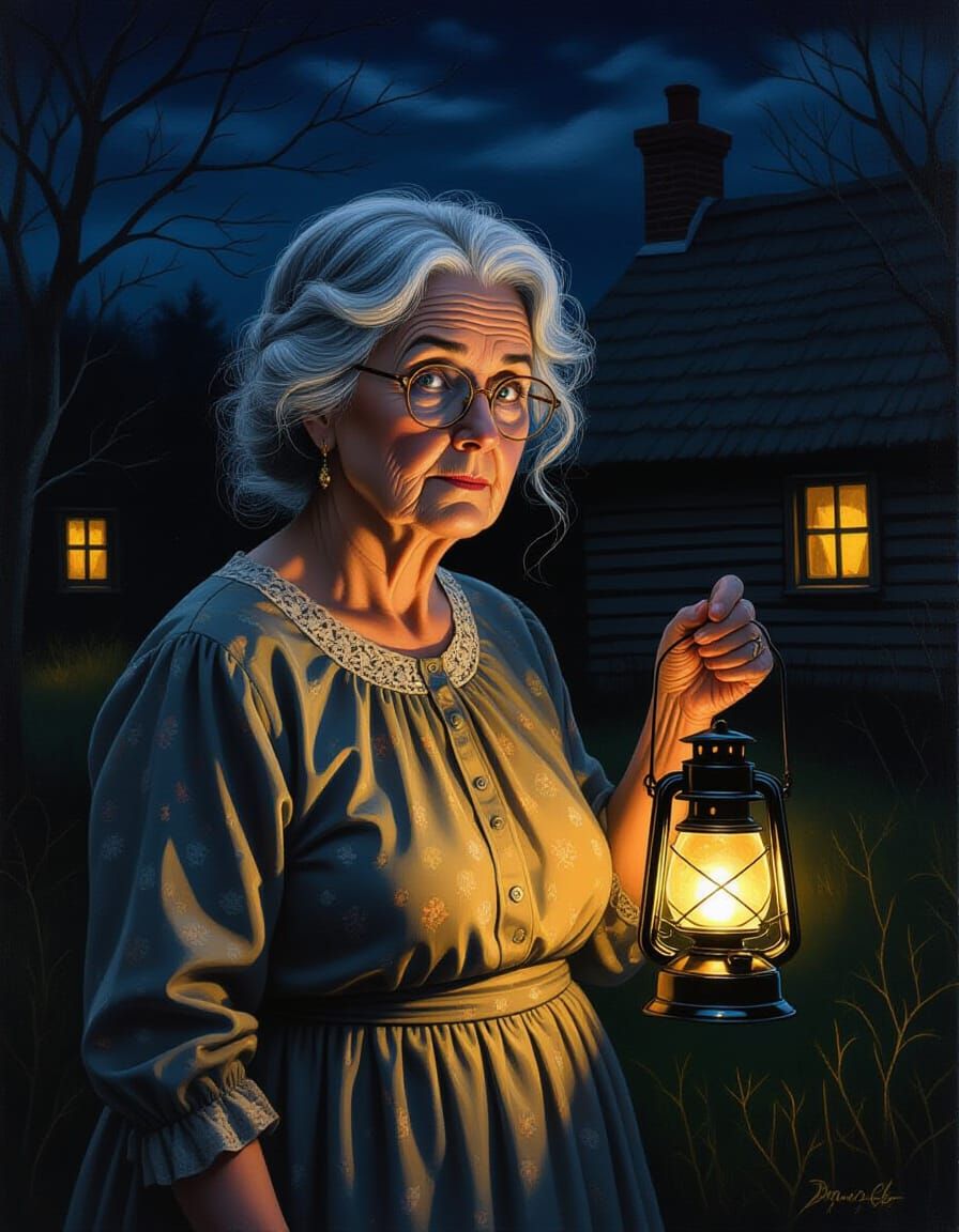 Oil Painting of Elderly Woman with Lantern in Dark Cottage
