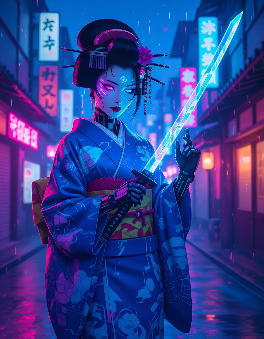Tokyo Neon Cyberpunk Geisha with Katana