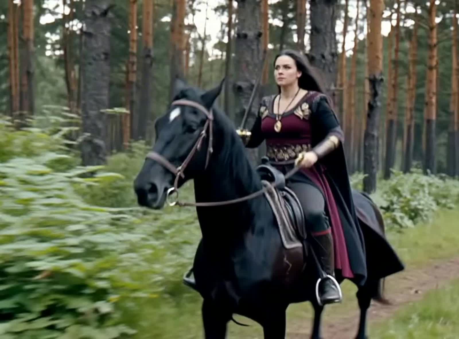A beautiful barbarian queen on a black horse raises her sword and gallops towards and past the camera as it turns to fol...