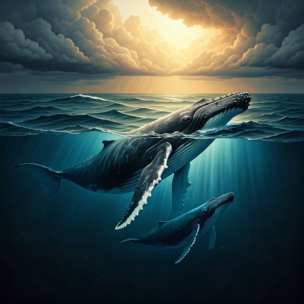 Humpback whale and baby whale swimming...stormy sea above them  by @RSA2
