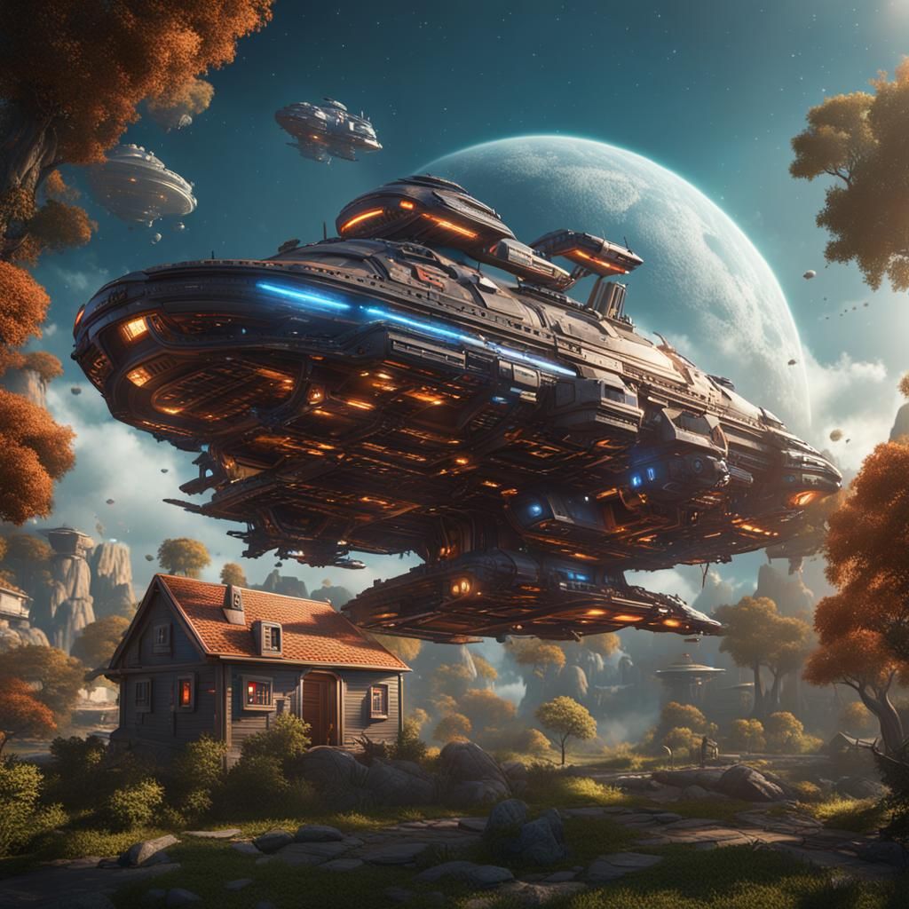 can-openerspace ship hovering above a house detailed matte p...