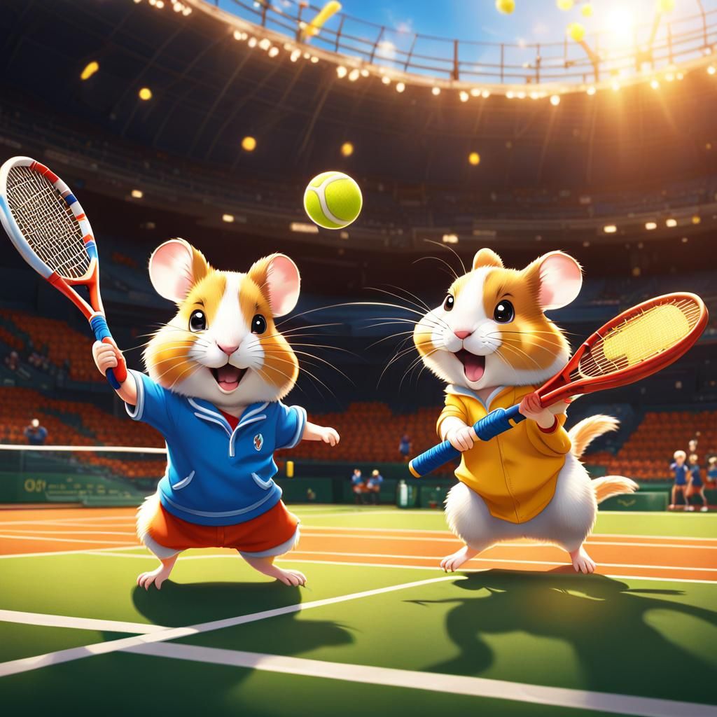 Cute adorable Hamsters  playing Tennis in Looney Toons Stadi...