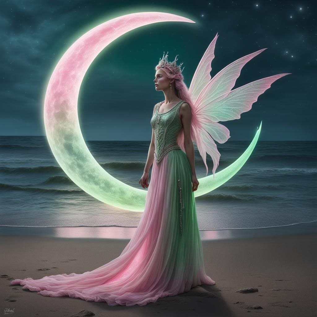 Fairy queen standing on the beach with a luminescent crescen...