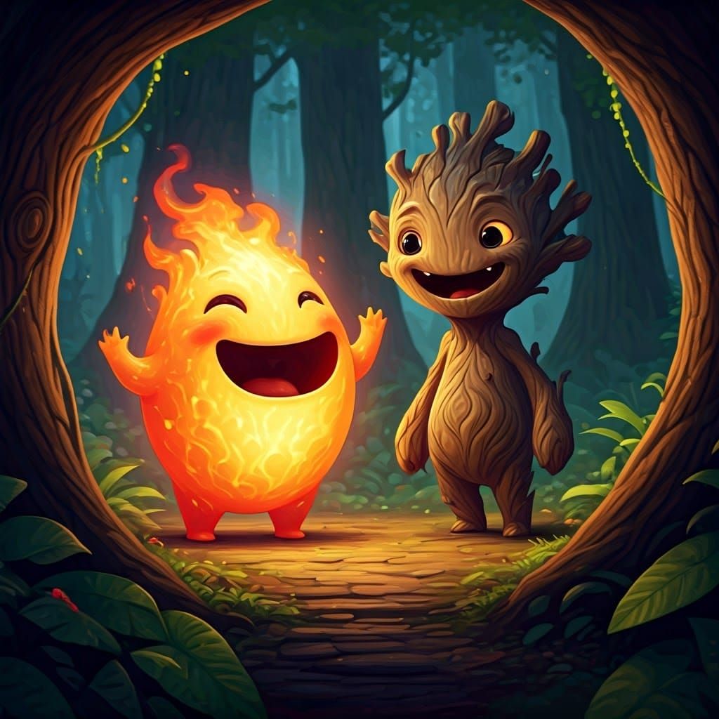 Two small, cheerful elementals with big eyes and mouths are having fun in a forest clearing. The first elemental is a round, fiery one, the...