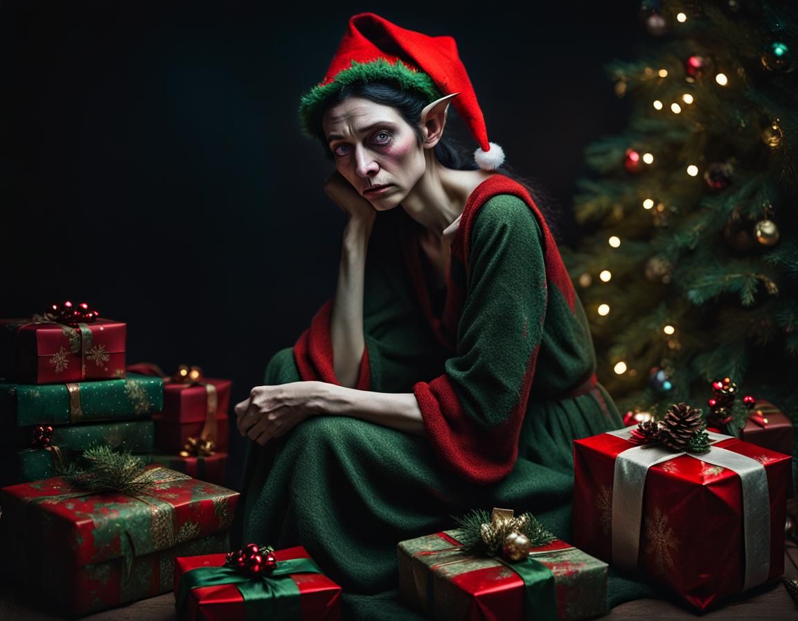 dslr Photograph of a sad haggard christmas elf woman, gifts. small ...