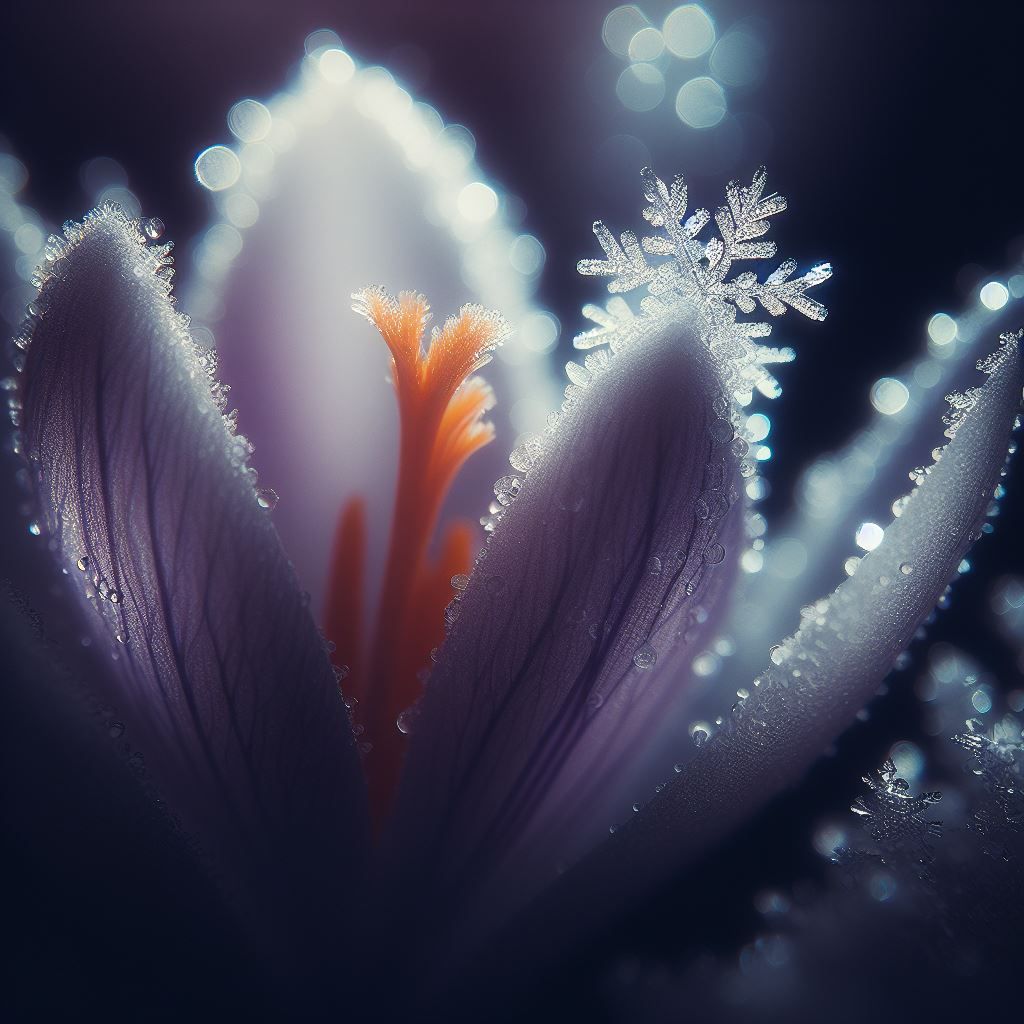 a crocus flower with a frozen snowflake on the petal