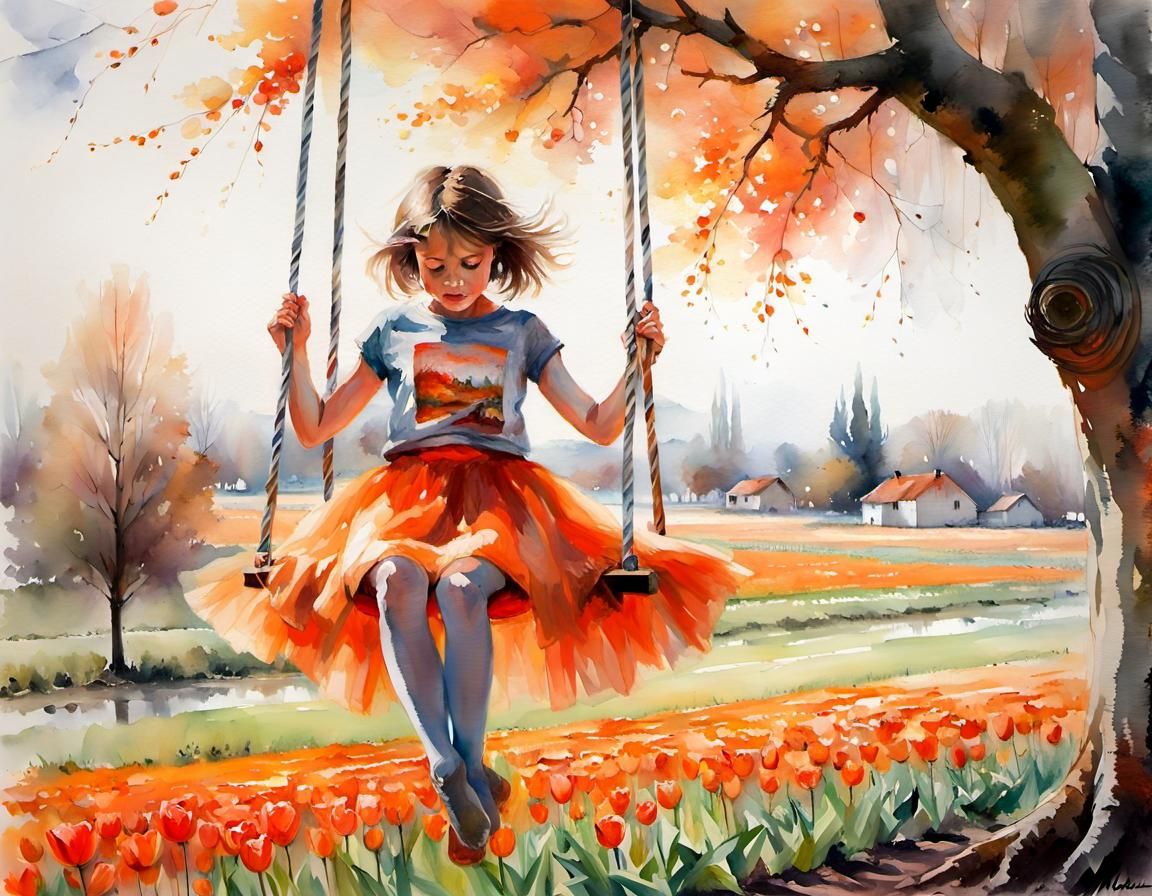 Watercolor painting of girl who is realizing she lost her shoes in a tulip field through swinging   by @Fokje