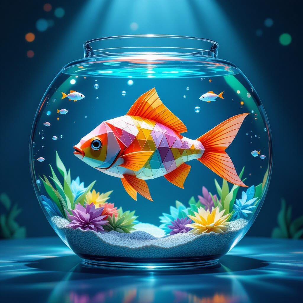 Vibrant Origami Fish Aquarium in Giger & Arai Style