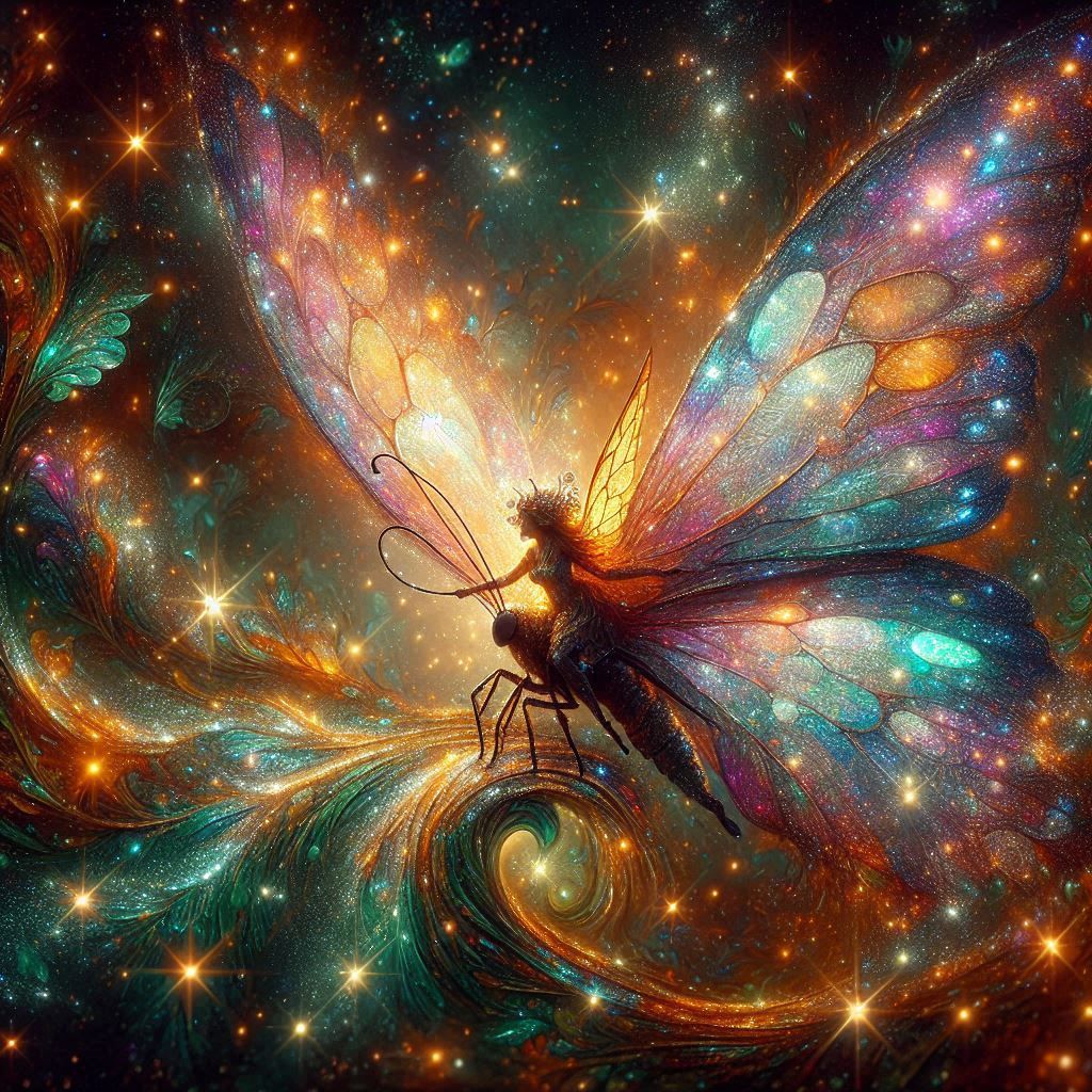 Fragmented fairy, whimsically riding an iridescent butterfly