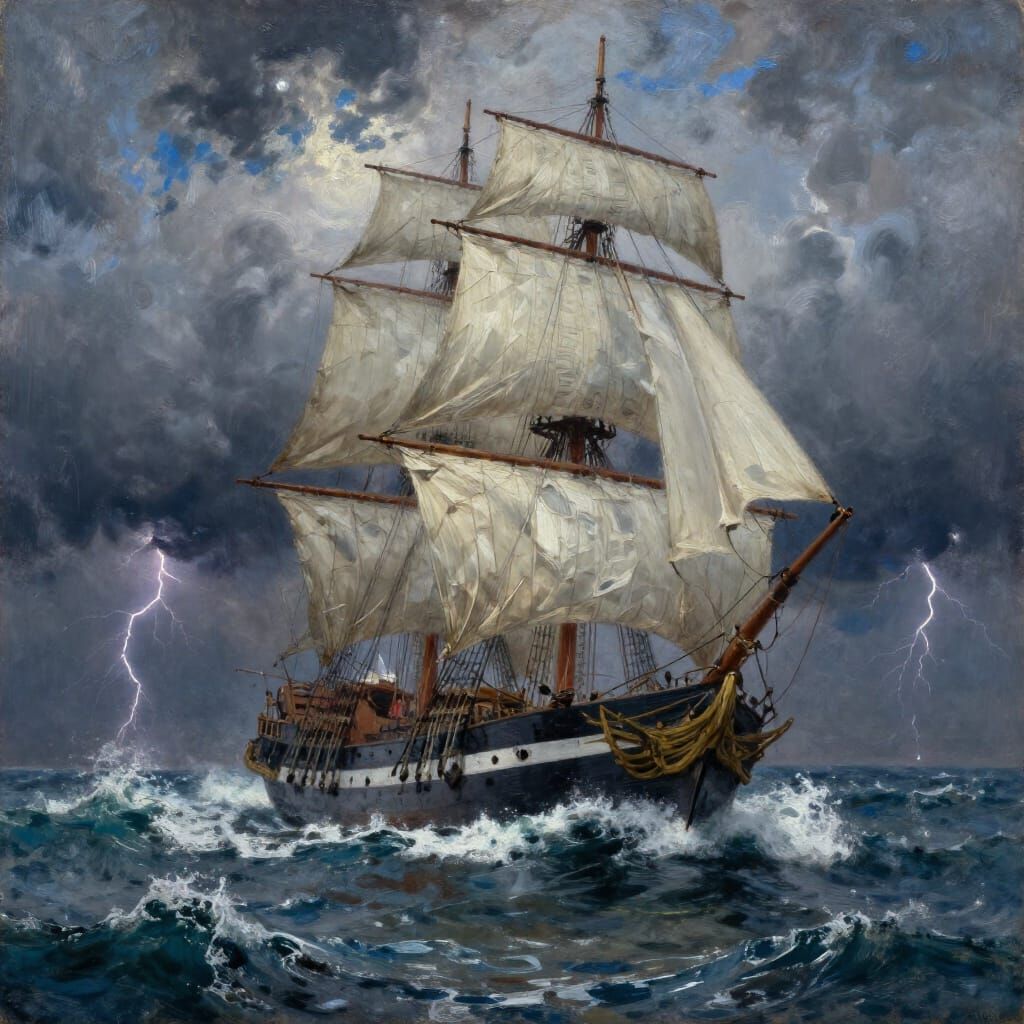 Stormy Seas: Majestic Sailing Ship in Dramatic Oil Painting ...