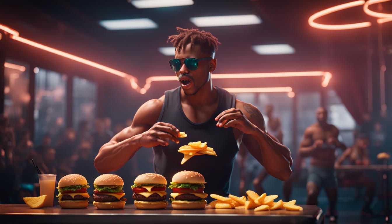 Man in hot pants eating burgers and chips in gym dancing