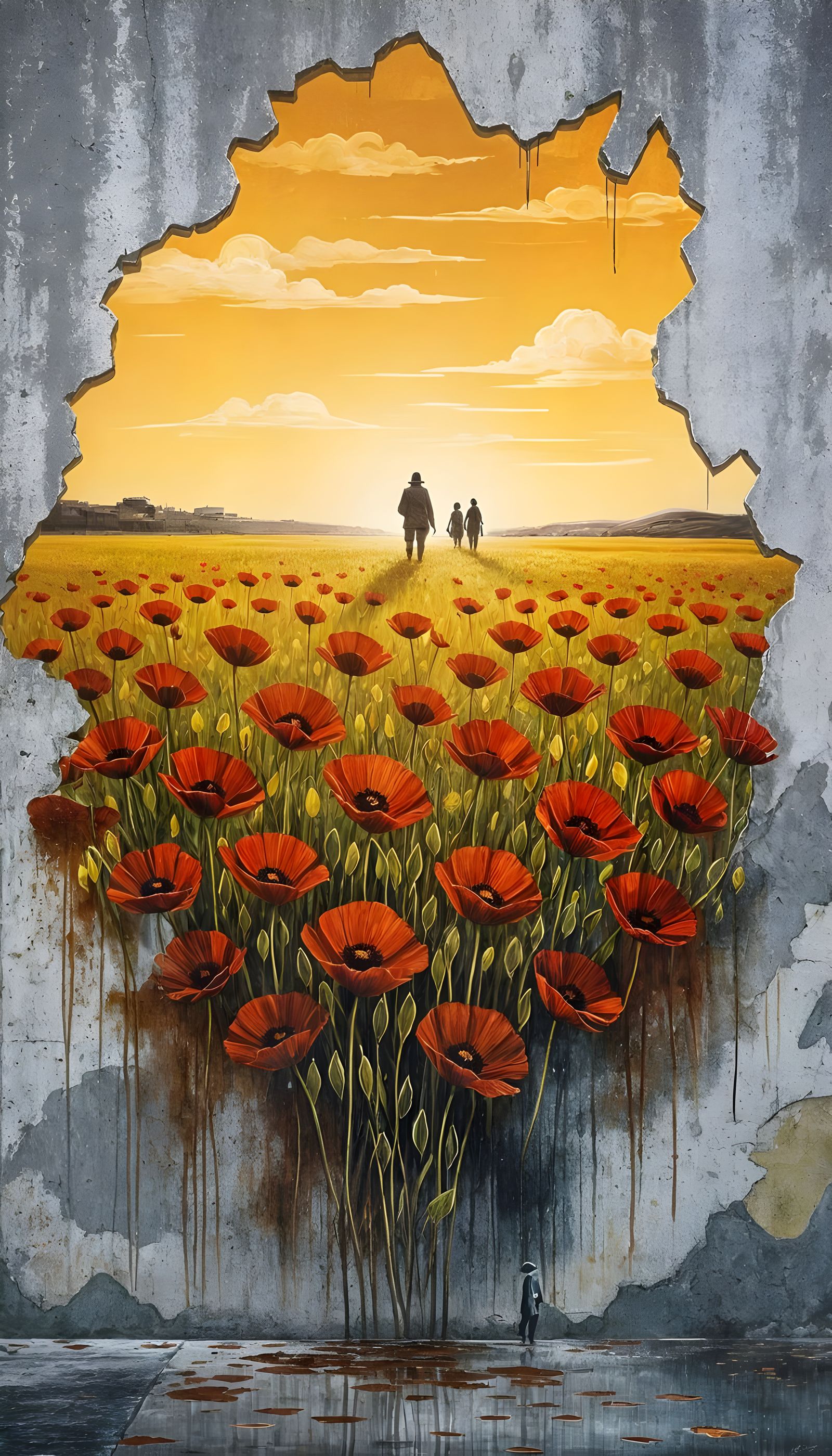 Abstract Graffiti Poppy Field Mural with Soldier Silhouette