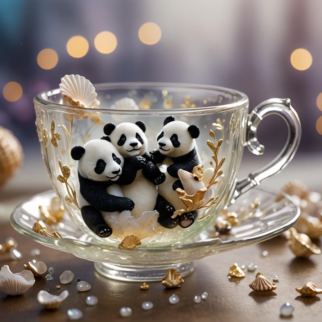 Panda Cubs Play in Teacup: Luminous Macro Shot