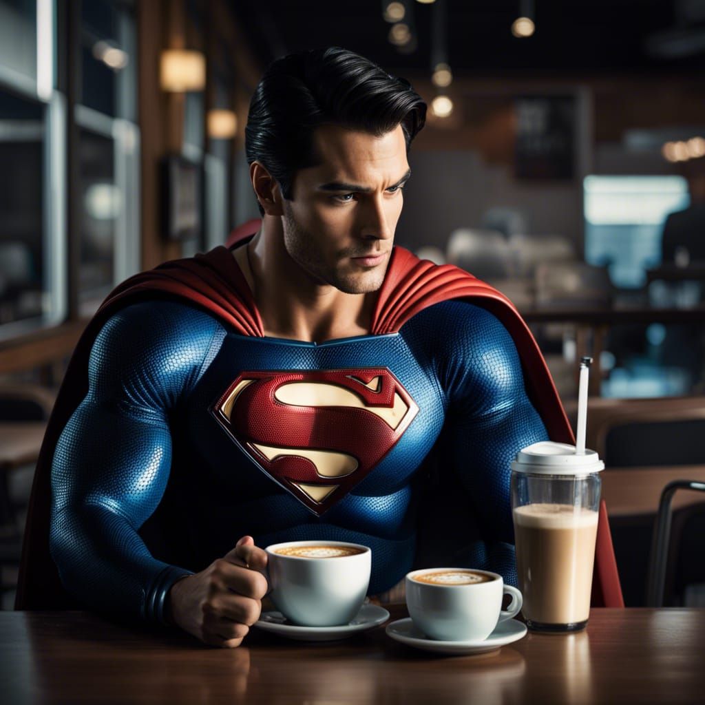 RAW photo, portrait of Superman drinking a hot cappuccino in a ...