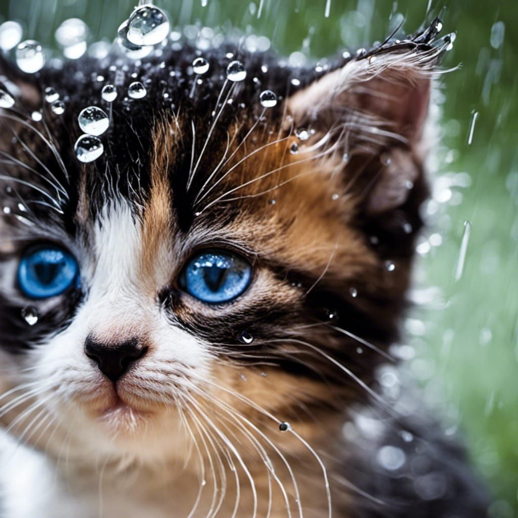 Cute sad kitten in the rain, 