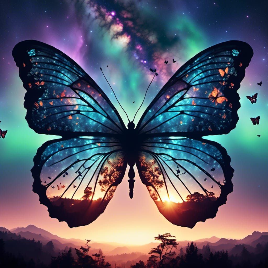 <lora:CosmicLightningDream:1.0> An extremely detailed silhouette of butterfly whose form is inlaid with scenes of biopunk jungle, aurora sun...