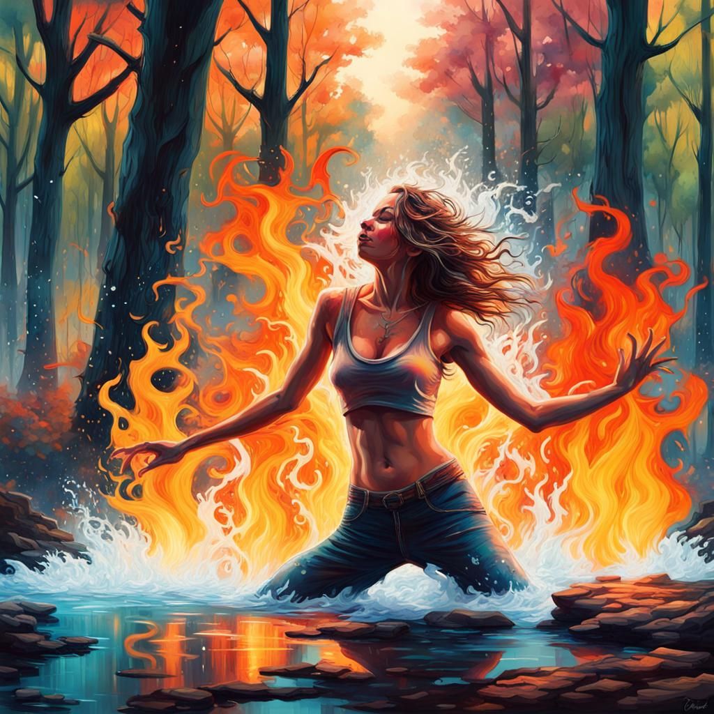 woman dancing passionately with flames while water is stream...