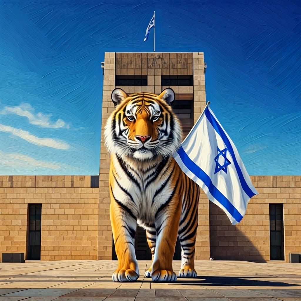 Tiger Standing Proud with Israeli Flag in Front of Knesset B...