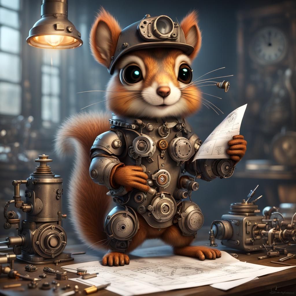 Chibi Steampunk Squirrel Engineer Reviewing Blueprints