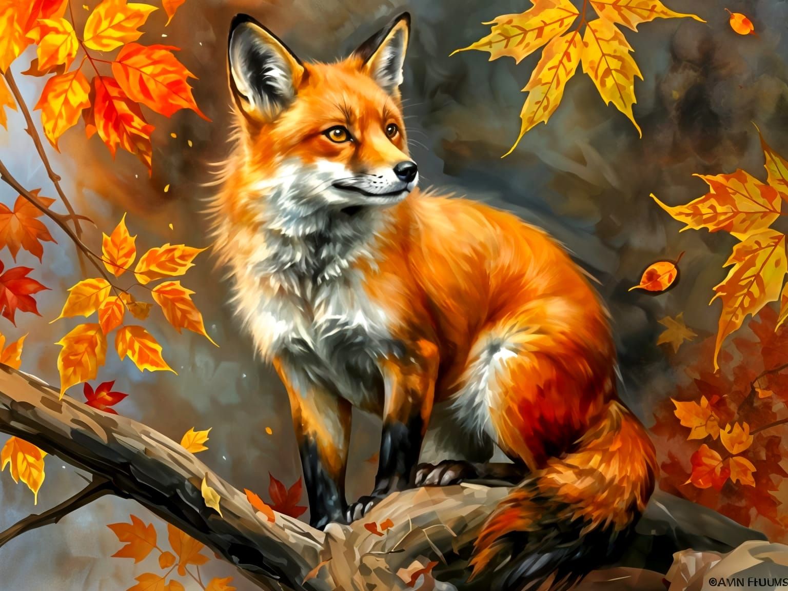Autumn Equinox, RED FOX, DEN, Suminagashi art, thick oil, Imperfect symmetry, fantasycore, Brian Froud, ...  by @Hugo Raul