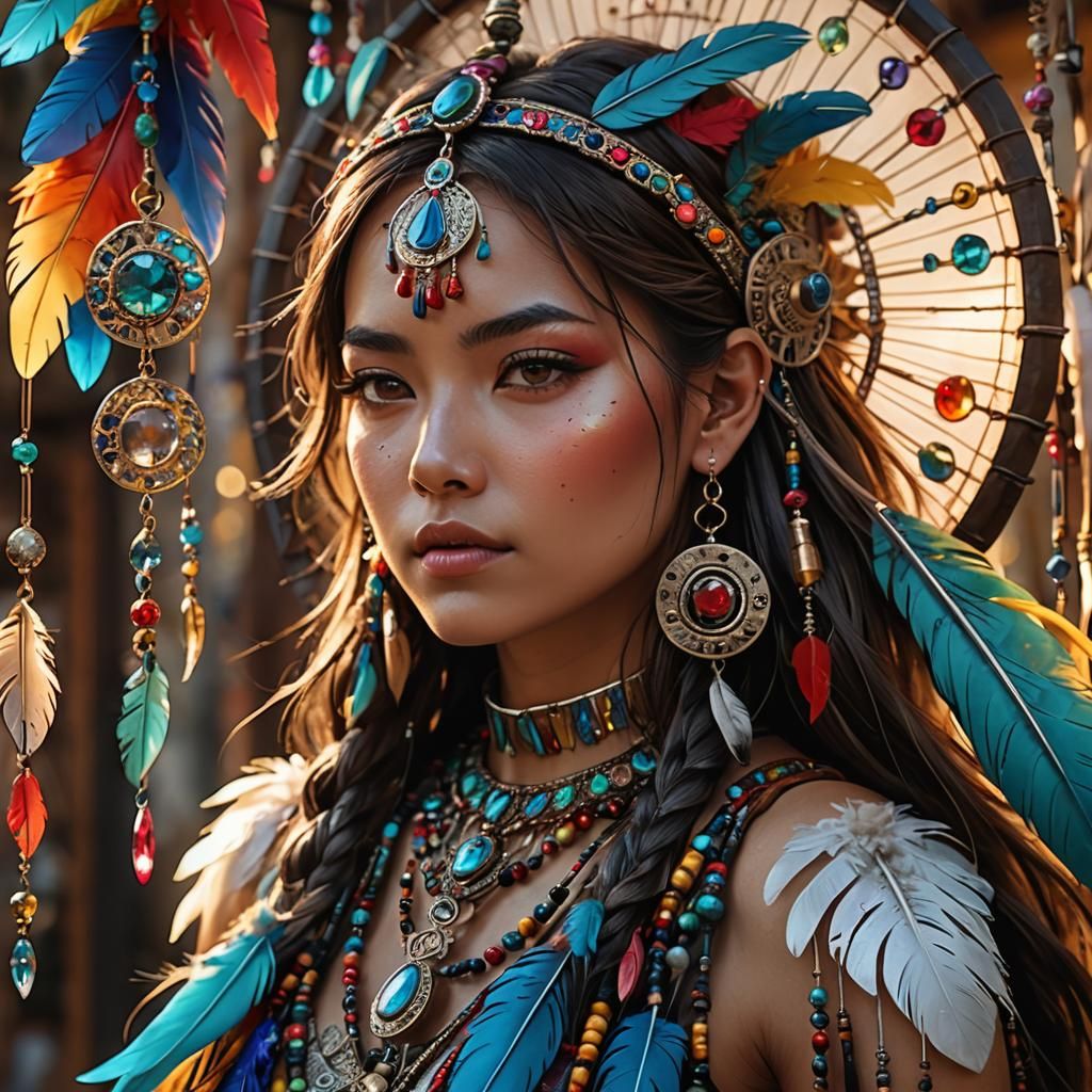 Shimmering Portrait with Wind Chimes in Ethnic Art Style