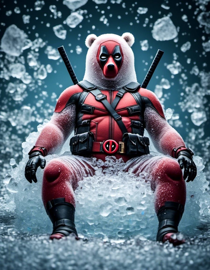Photograph Portrait: "Obese Bear Deadpool Frozen in Ice":- <lora:BearZarreV2:1.0> 