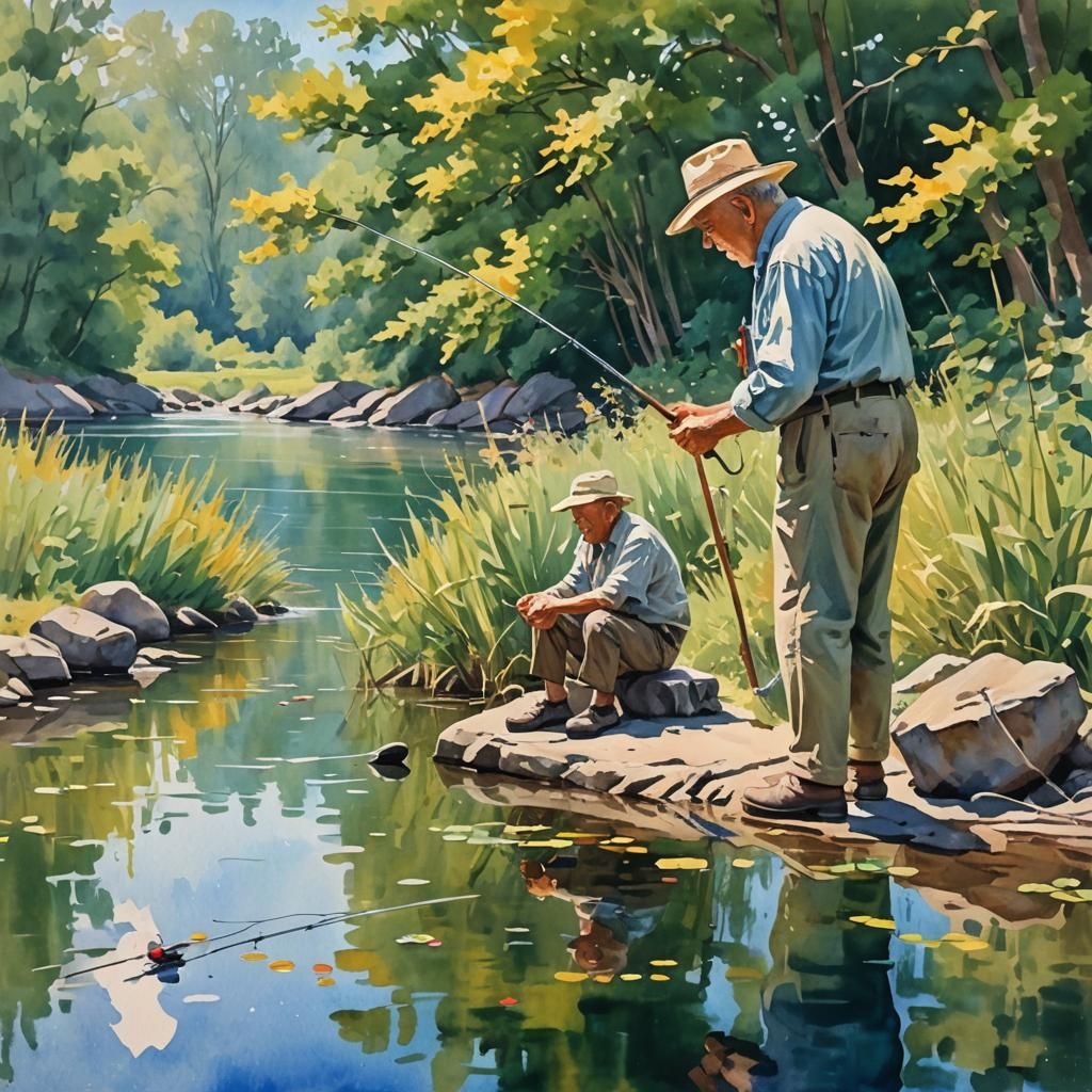 My grandfather teaches me fishing.