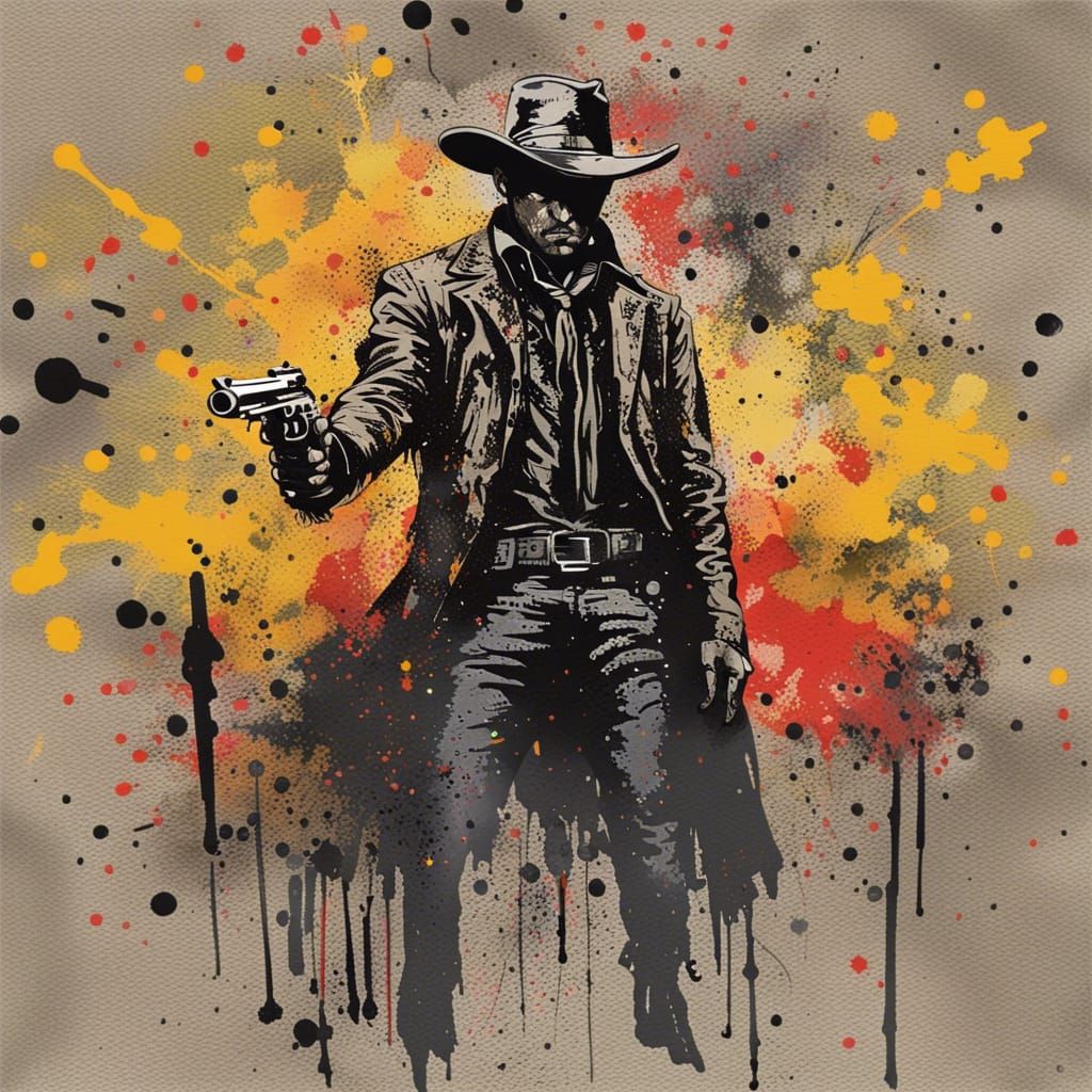 gunslinger,  oil painting, paint splatter, ink splatter  by @Si White