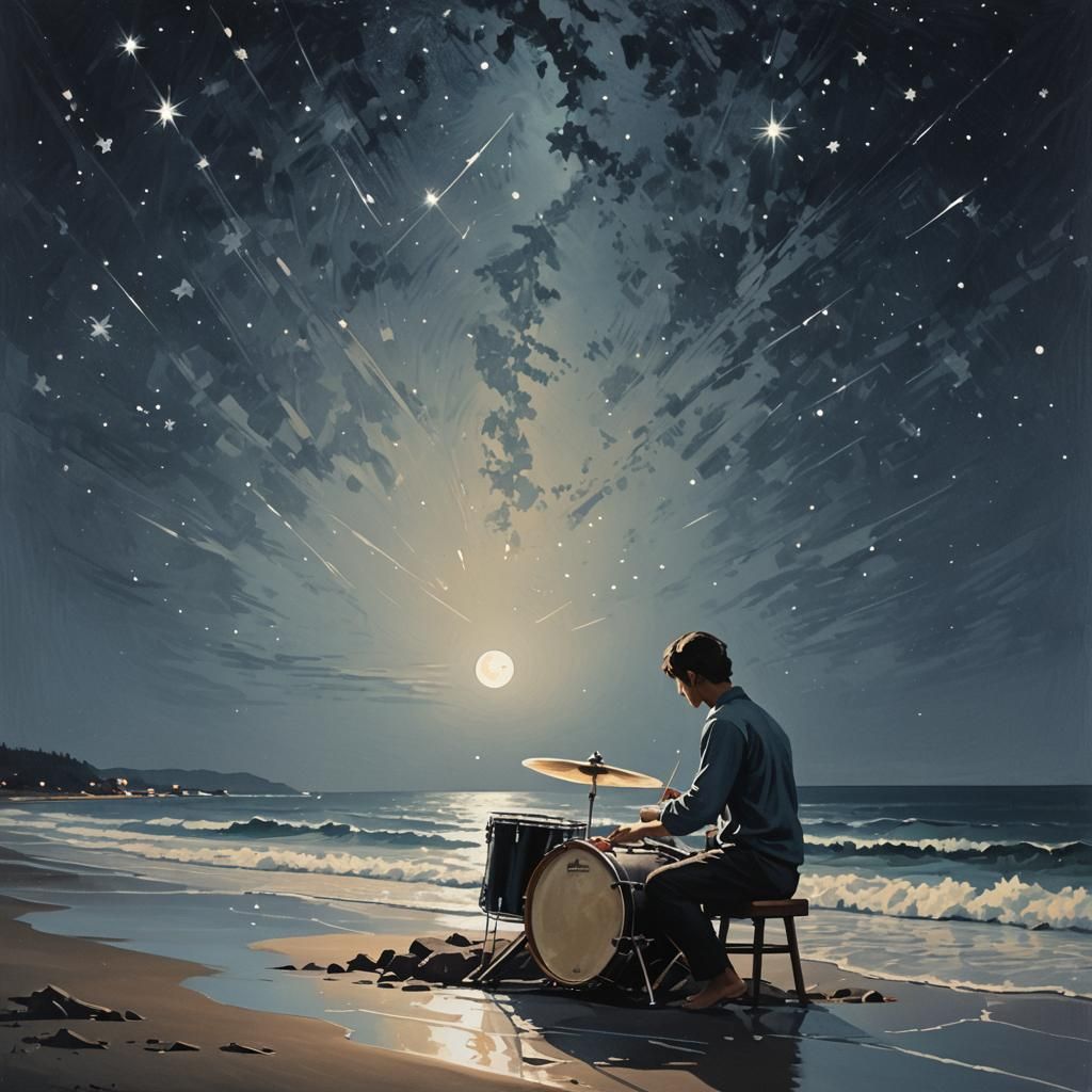 moonlight Sea coast drummer. Stygian new realism gouache. Sp...
