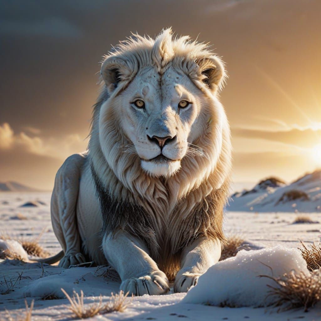 White Lion in Ice Desert: Wildlife Photography