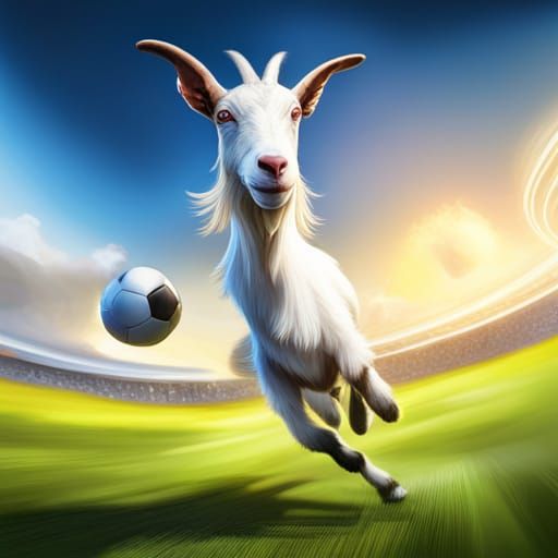 A goat playing soccer on TV, daytime, beautiful weather, soccer field ...