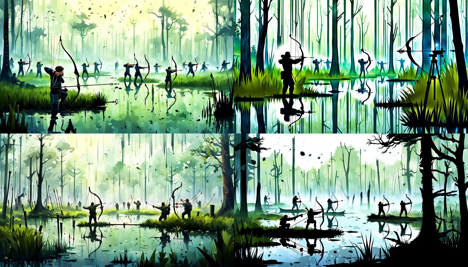 archery competition at a misty swamp , hitting generator cor...