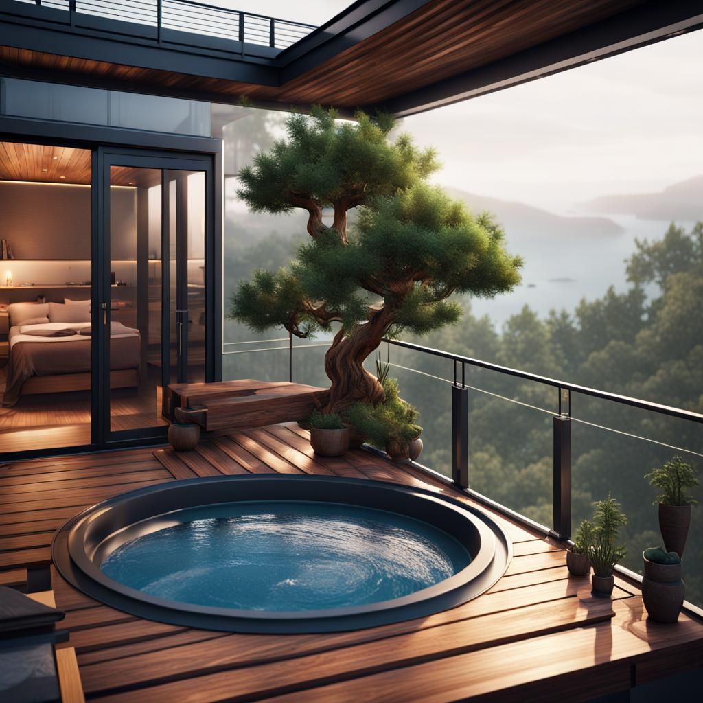container home balcony with a cedar hot-tub bonzai trees gla...
