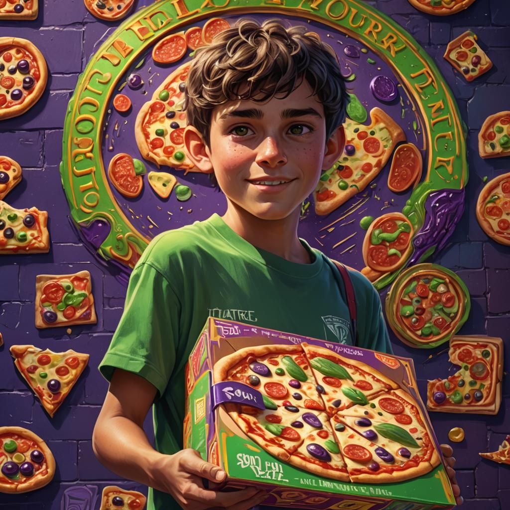 A package who's label is sour  pizza and a boy picture is al...