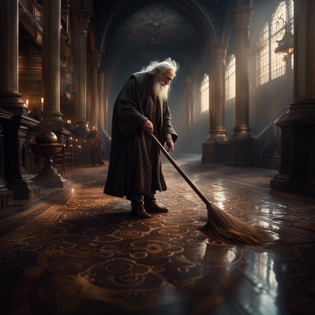 Merlin mopping the floor. - AI Generated Artwork - NightCafe Creator