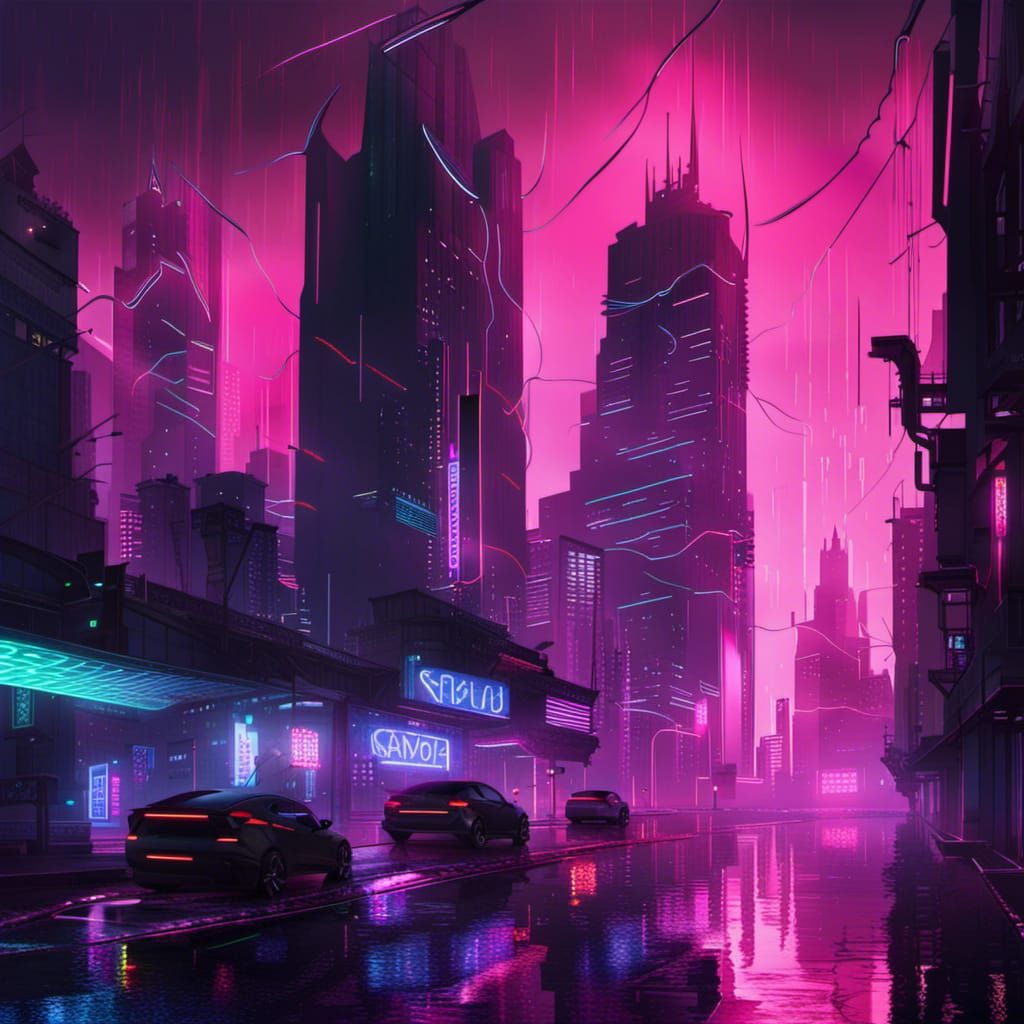Futuristic cityscape neon sleek dark raining - AI Generated Artwork ...