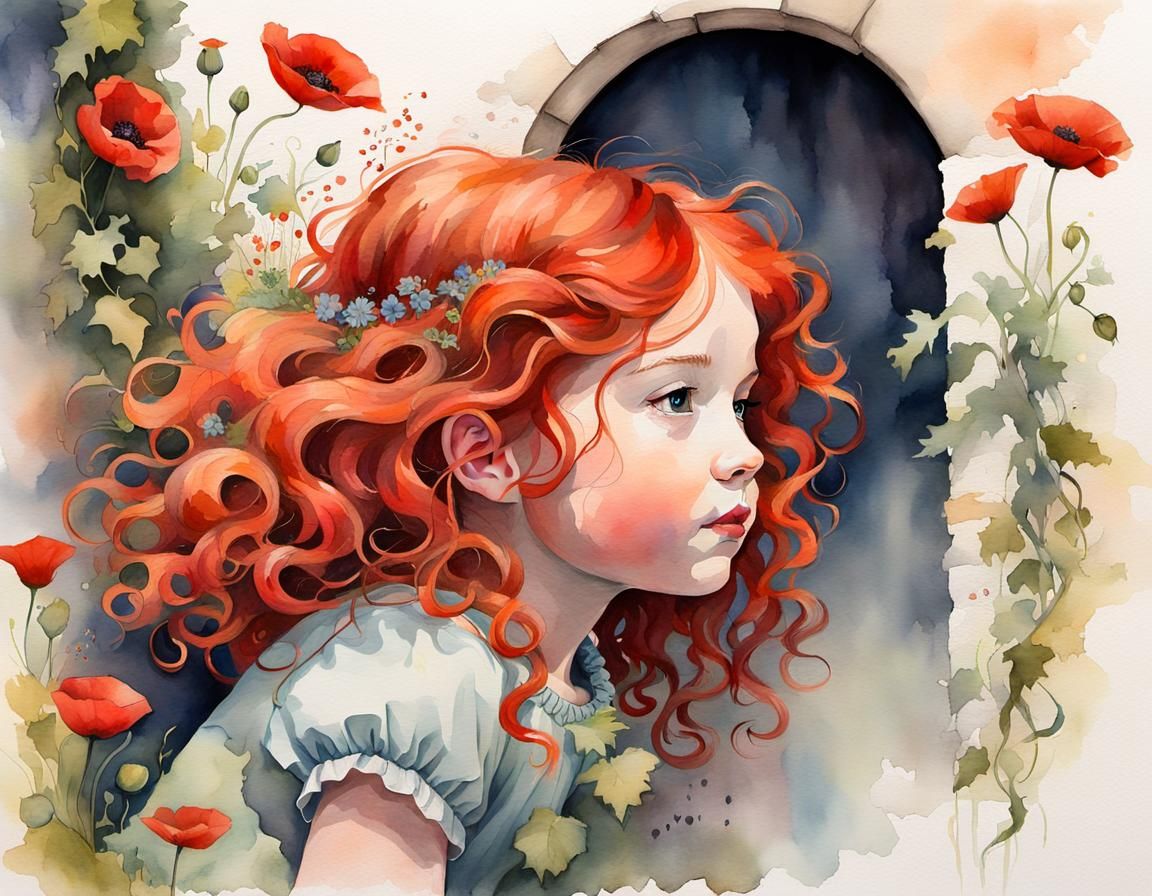 whimsical watercolor painting of a little girl, with wild cu...
