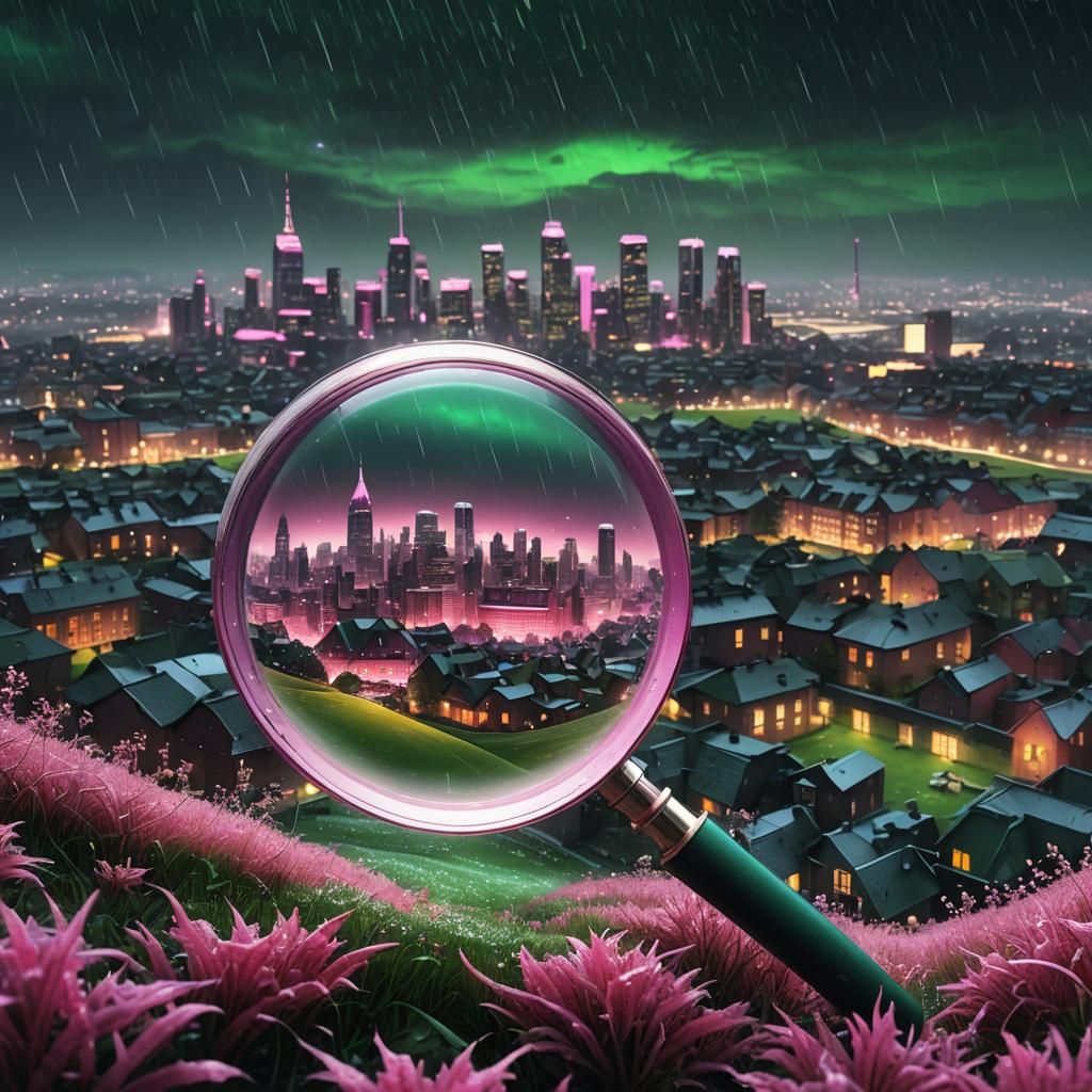 Pink Winter Cityscape in Magnifying Glass