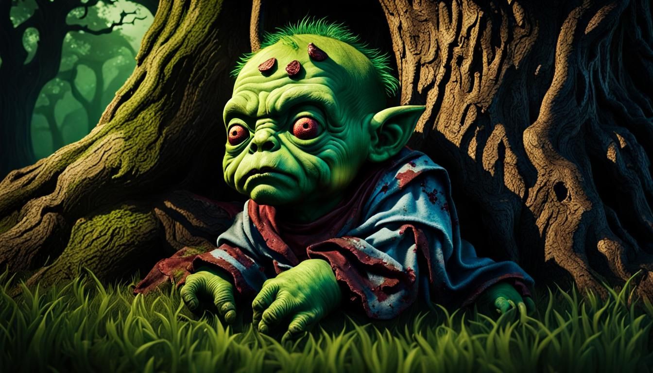 An Horrific infant cute zombie ogre in a tunic, sleeping under a ...