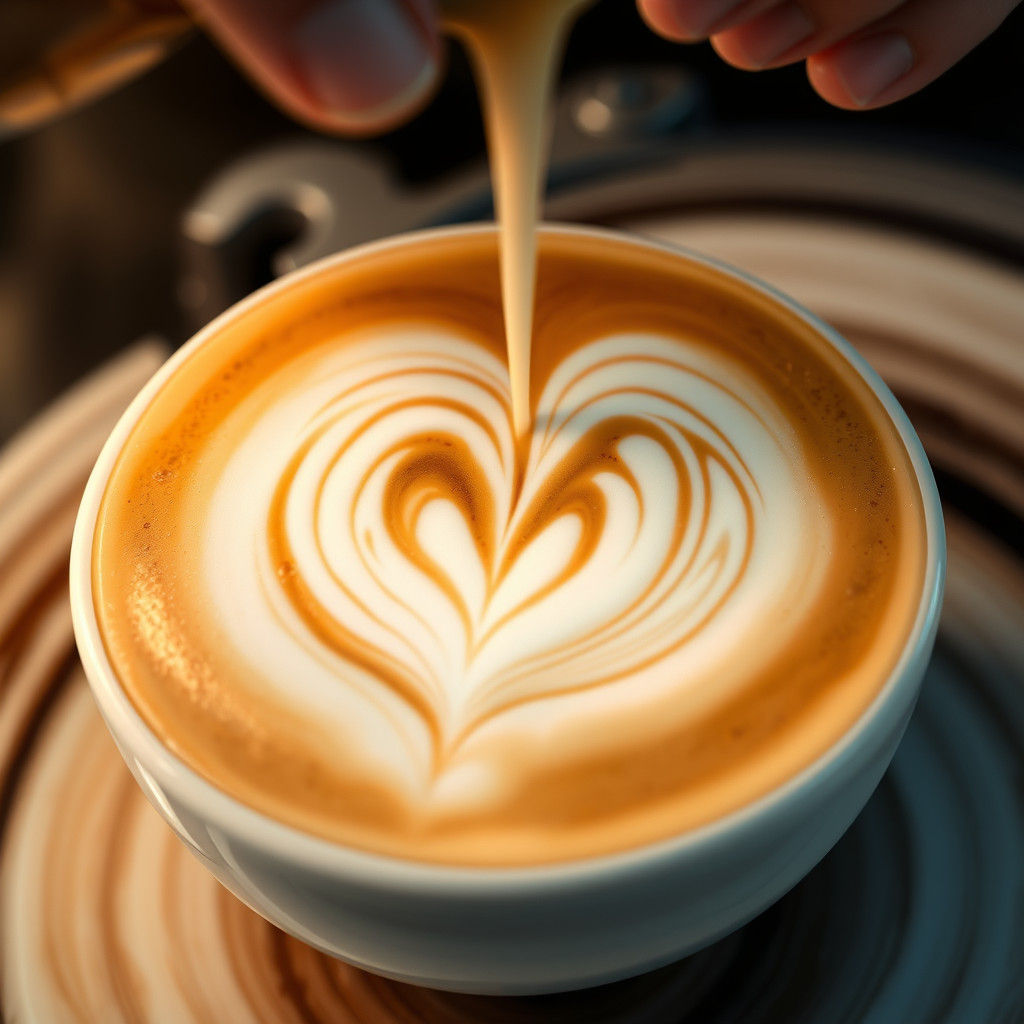 A close-up of a latte with a detailed heart or leaf design f...