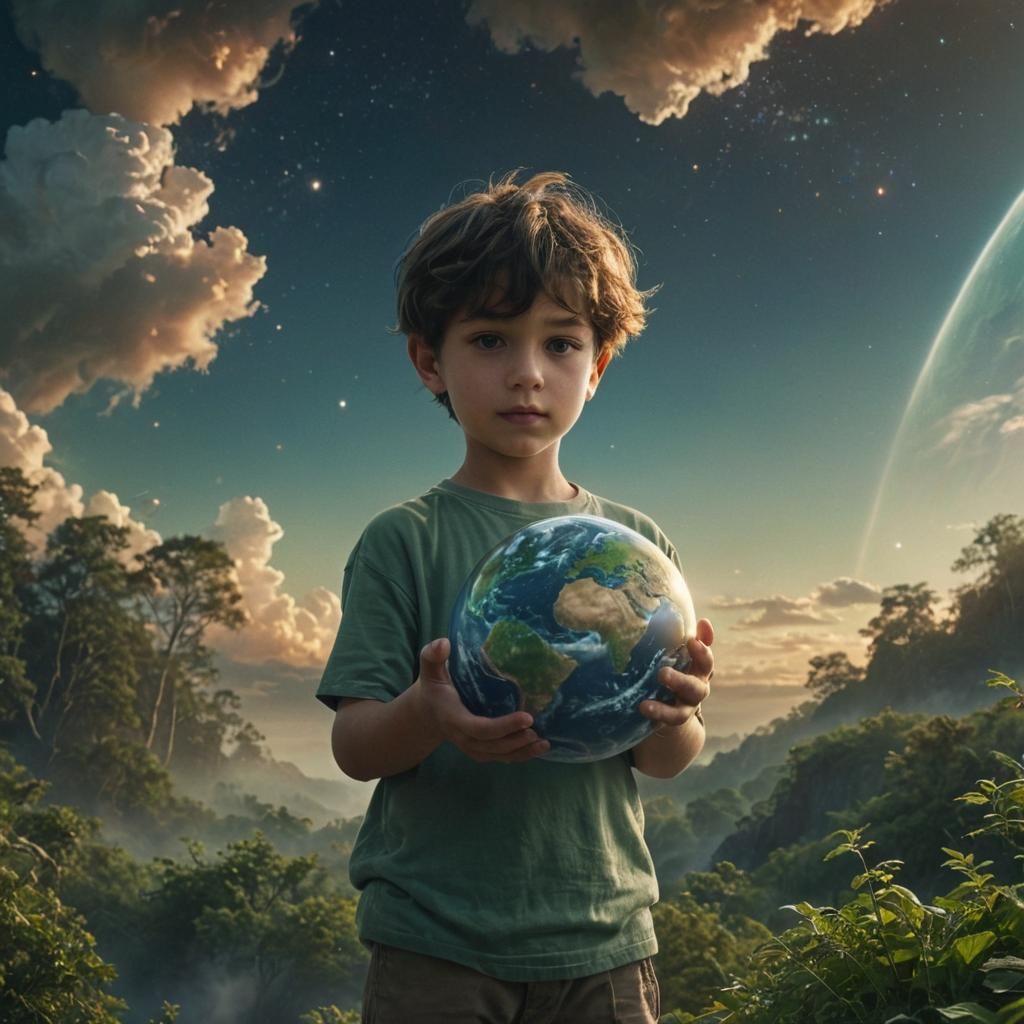 Boy Holds Earth: Ethereal Matte Painting in Space