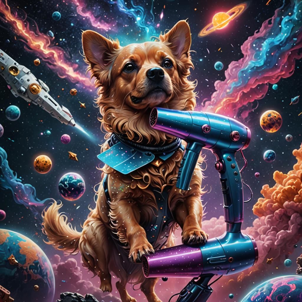 The Odd Pair in Space: Dog and Hairdryer  by @Jin Myrlow