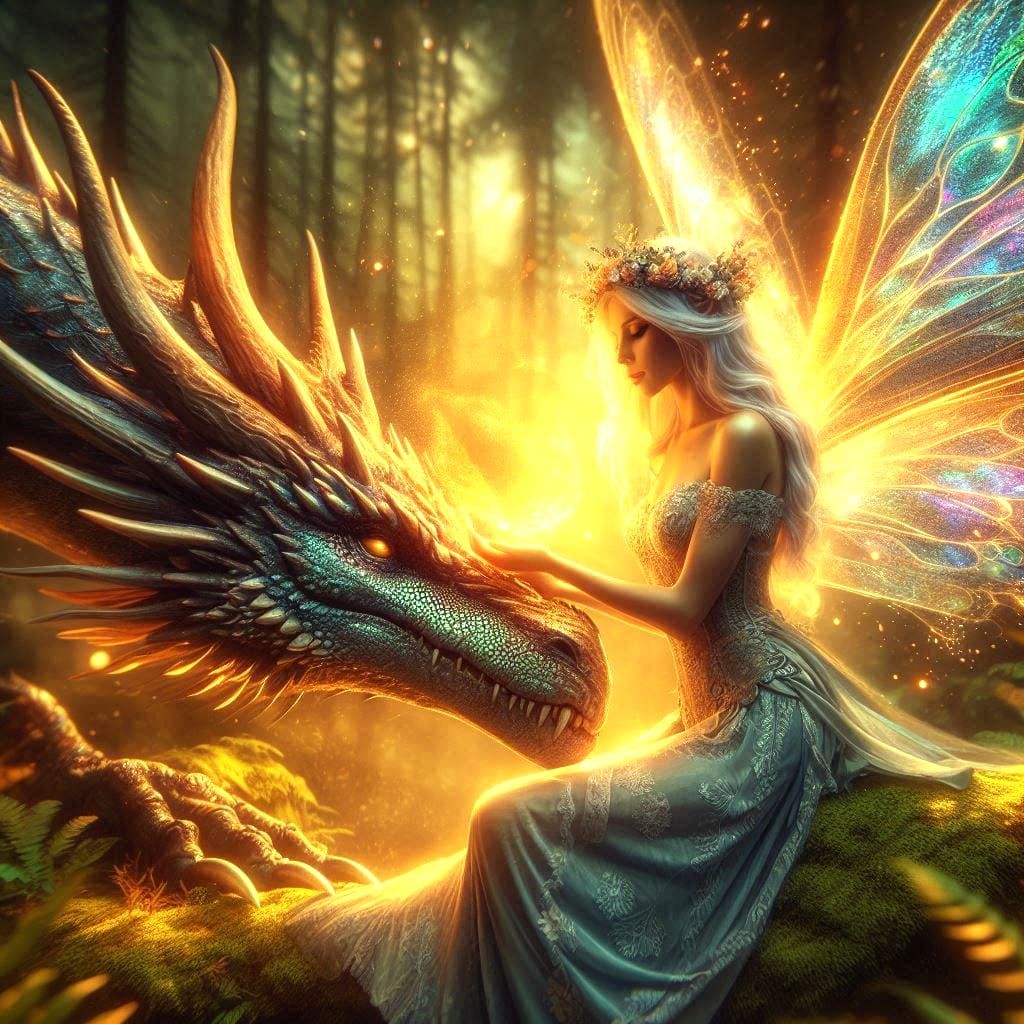 A beautiful fairy using magic to heal a dragon