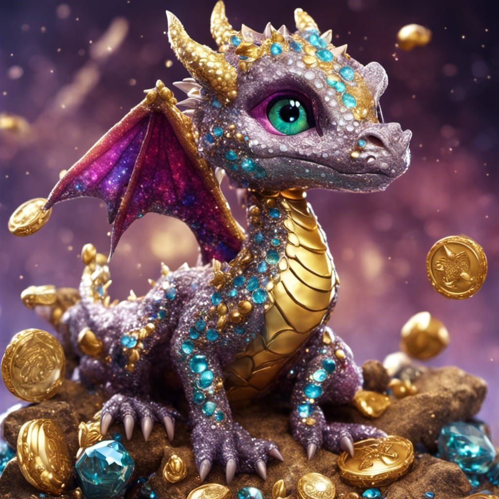 adorable baby dragon on a treasure horde of glittering jewels, glittering coins. sparkling glitter, intricate ...  by @Fritholf