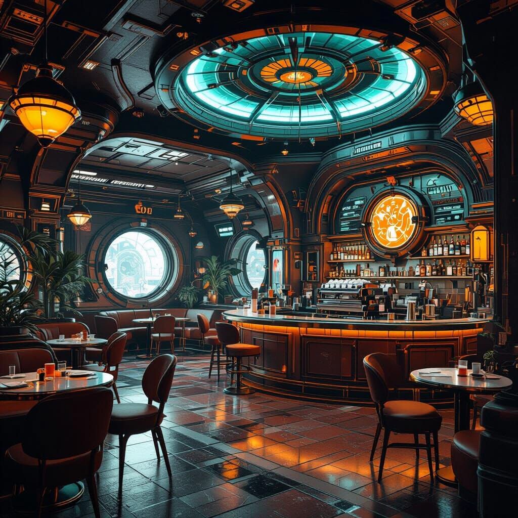 A retro futuristic French coffee shop in a station outer space 