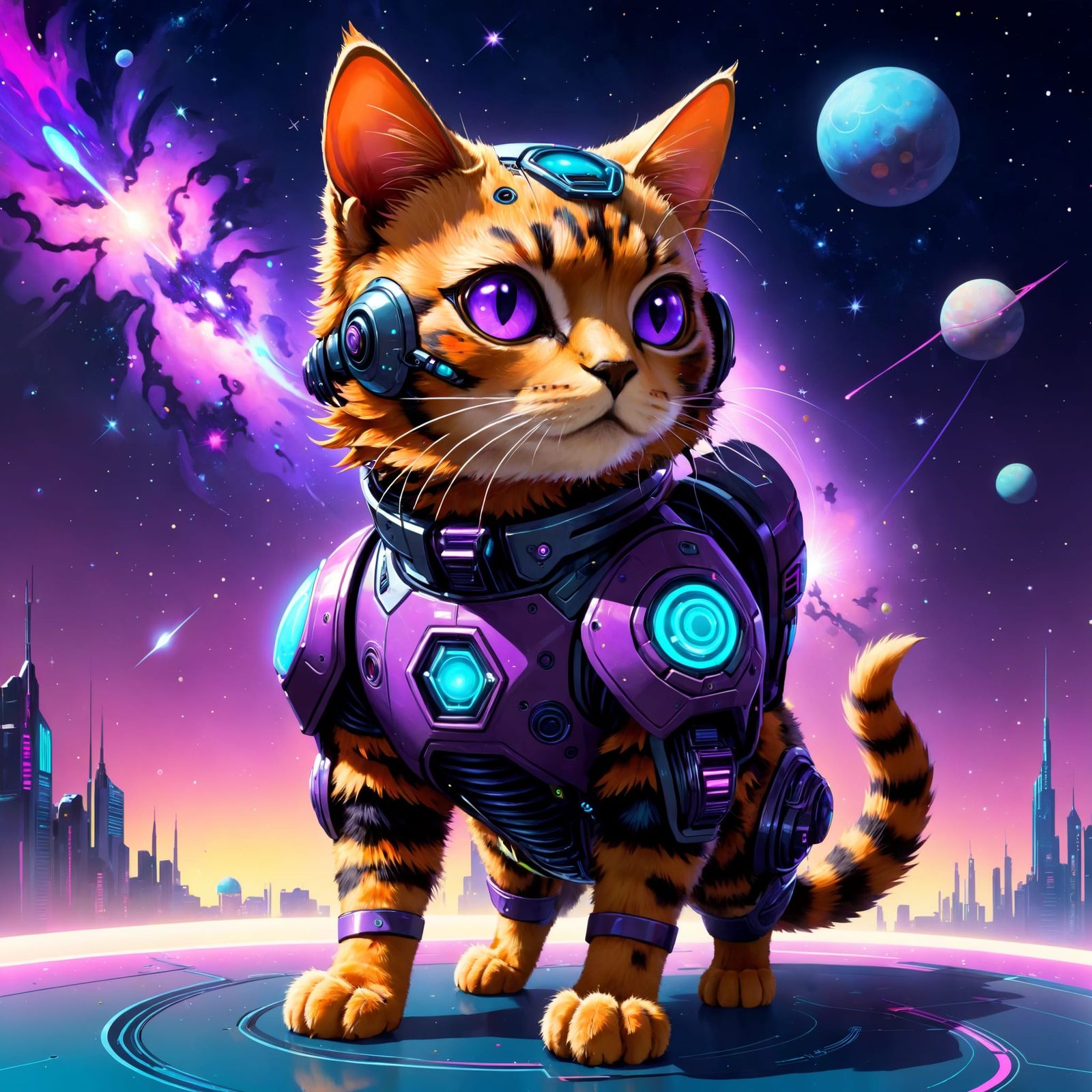 A space cat in a purple spacesuit.